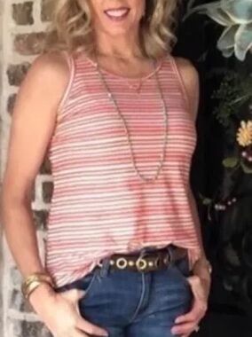 CAbi spirit tank coral and cream Striped Scoop Neck Tank